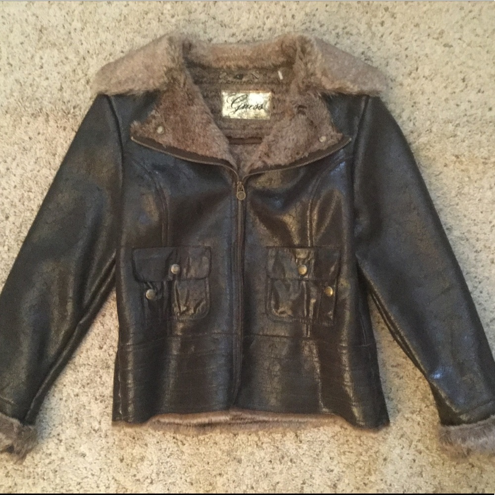 GUESS WOMEN’S BROWN MOTO FUR BIKER JACKET COAT, L